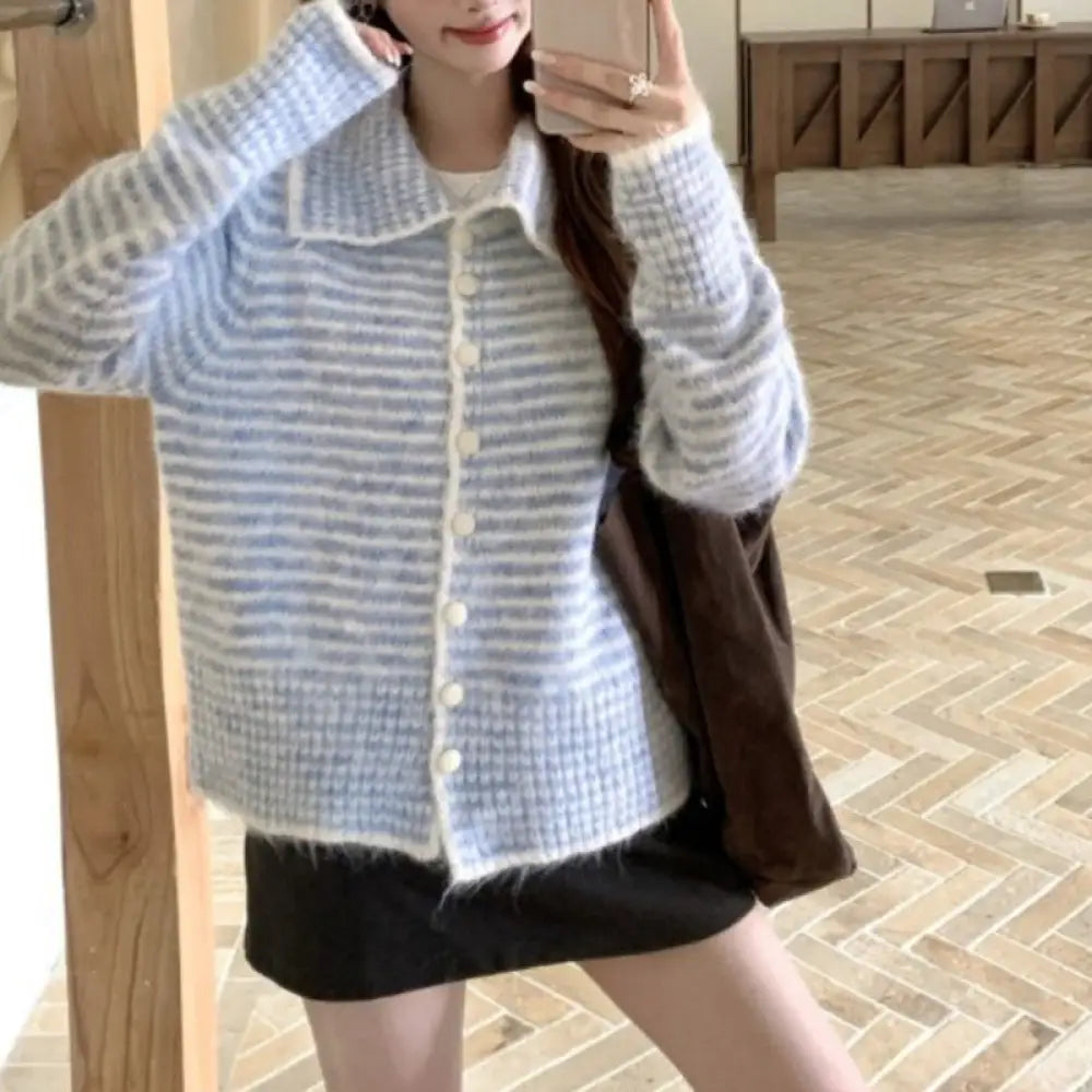 韓国風 レトロ ストライプ 長袖 セーター アウター レディース 秋用 ソフト フワフワ ゆったり ニット カーディガン ID3436 ブルー / フリー