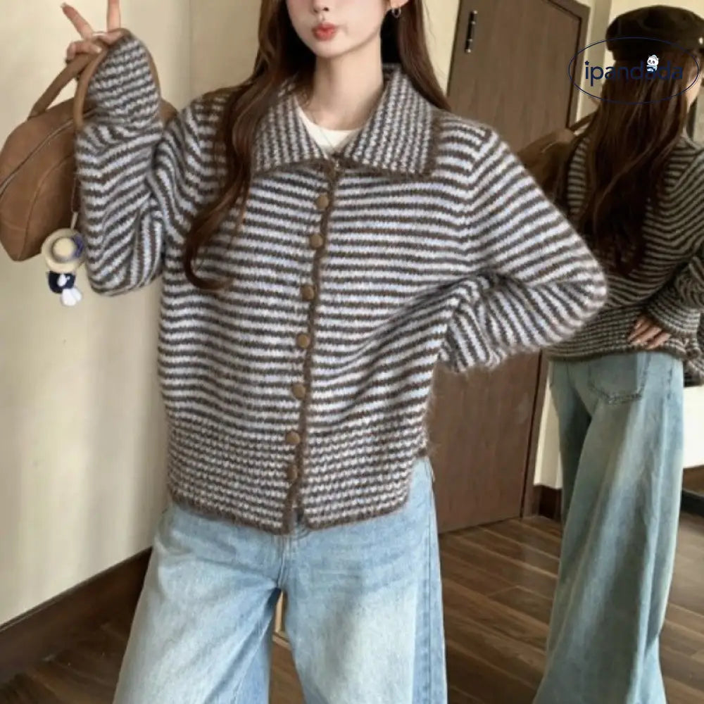 韓国風 レトロ ストライプ 長袖 セーター アウター レディース 秋用 ソフト フワフワ ゆったり ニット カーディガン ID3436