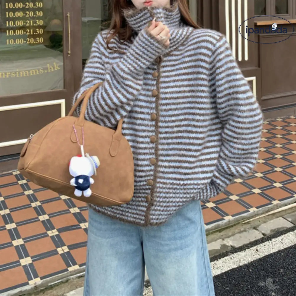 韓国風 レトロ ストライプ 長袖 セーター アウター レディース 秋用 ソフト フワフワ ゆったり ニット カーディガン ID3436