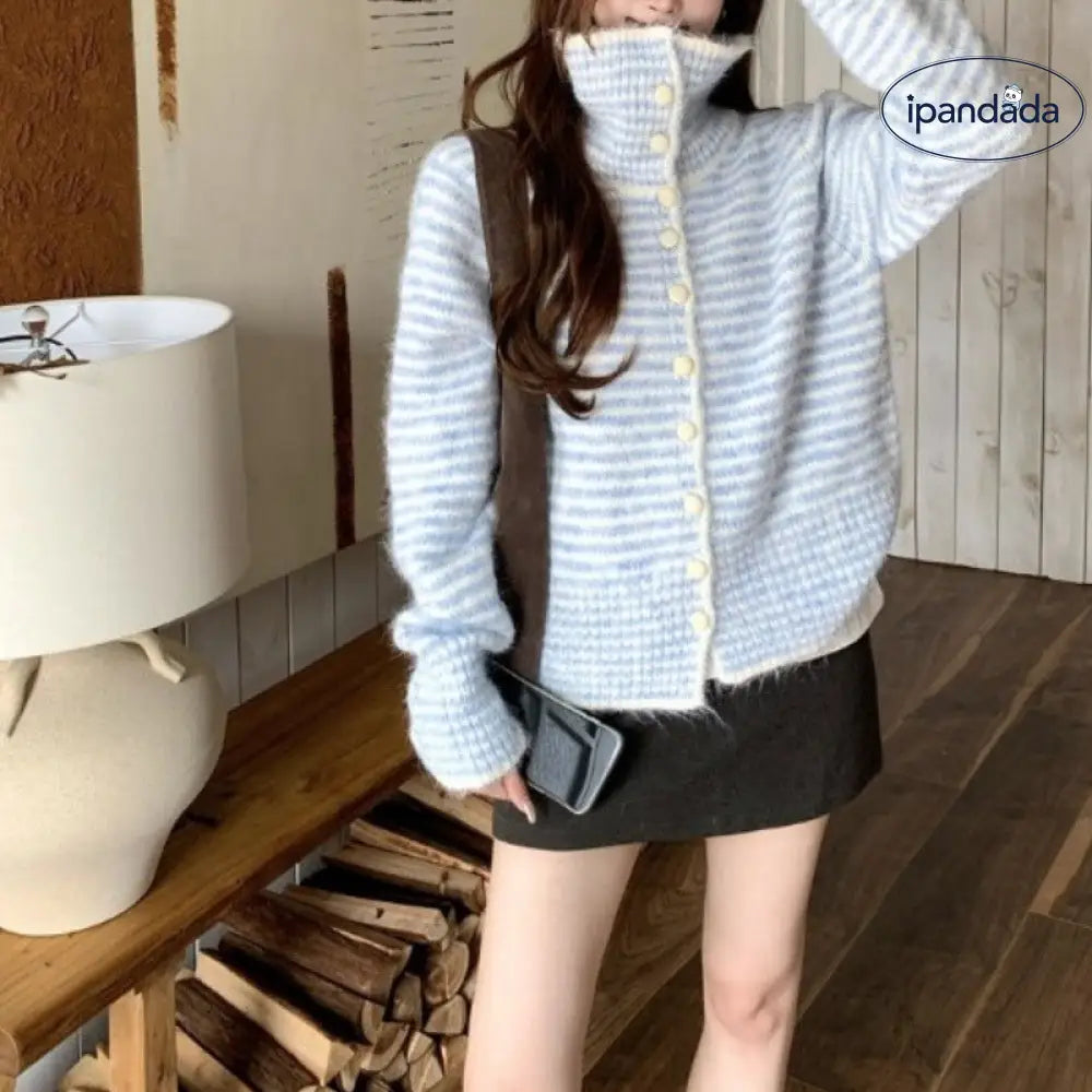 韓国風 レトロ ストライプ 長袖 セーター アウター レディース 秋用 ソフト フワフワ ゆったり ニット カーディガン ID3436