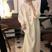 韓国風 ルーズフィット スリープドレス 長袖 バブルコットン 夏 秋 ミディ丈 膝丈 パジャマワンピース おしゃれ 外出着OK ゆったり ID1957