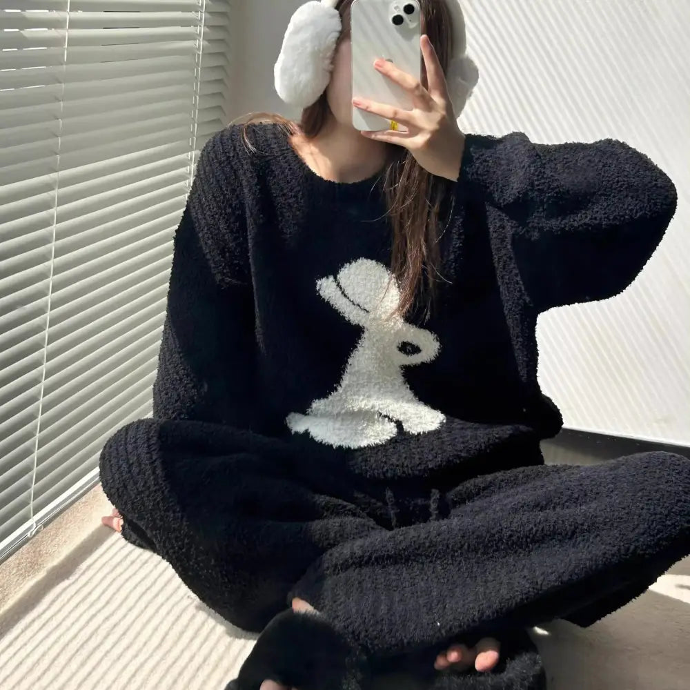 韓国風 少女 可愛い 小兔 パジャマ レディース 秋冬 加フリース 加厚 ルームウェア 2点セット ID2618 ブラック / M