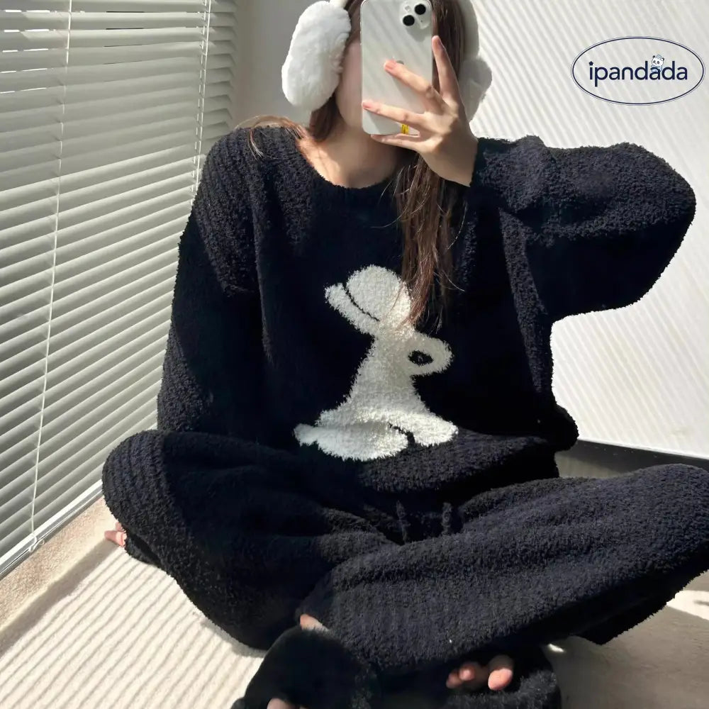 韓国風 少女 可愛い 小兔 パジャマ レディース 秋冬 加フリース 加厚 ルームウェア 2点セット ID2618