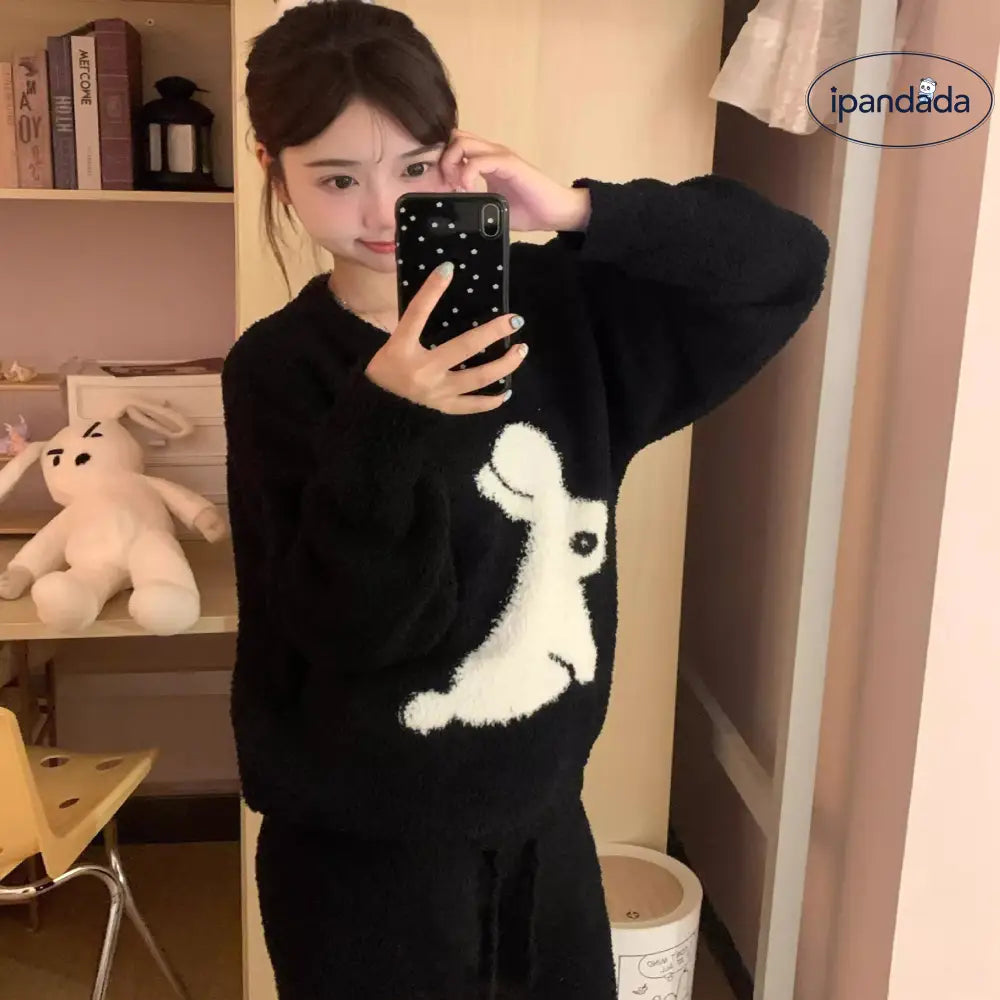 韓国風 少女 可愛い 小兔 パジャマ レディース 秋冬 加フリース 加厚 ルームウェア 2点セット ID2618