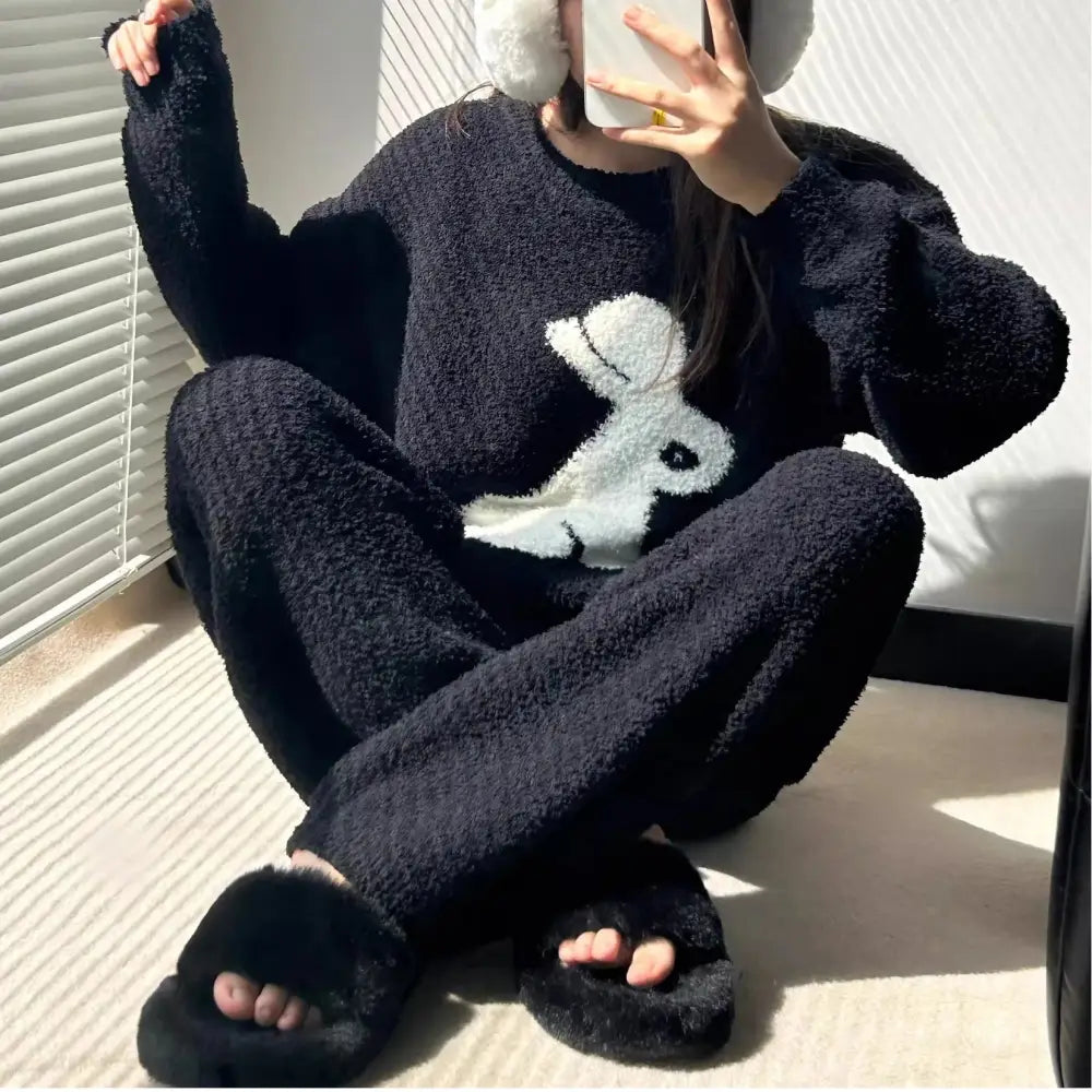 韓国風 少女 可愛い 小兔 パジャマ レディース 秋冬 加フリース 加厚 ルームウェア 2点セット ID2618