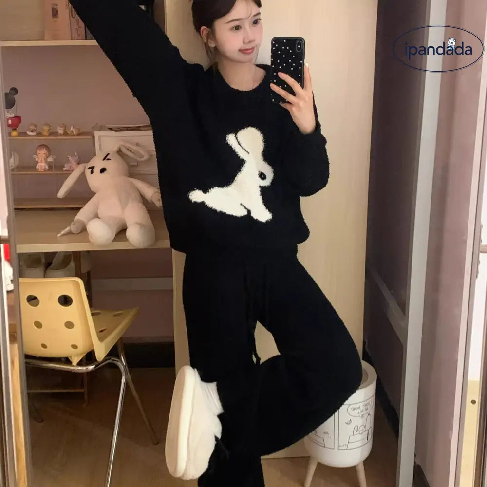 韓国風 少女 可愛い 小兔 パジャマ レディース 秋冬 加フリース 加厚 ルームウェア 2点セット ID2618