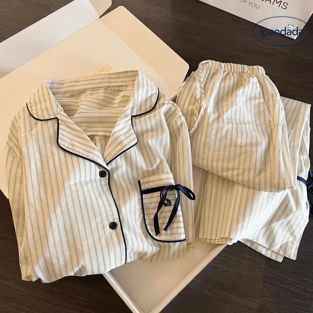 韓国風 シンプル ボーダー柄 長袖 パジャマ 春秋 コントラストカラー リボン付き カーディガン 長ズボン ルームウェア セットアップ ID4556 レディース＞セットアップ