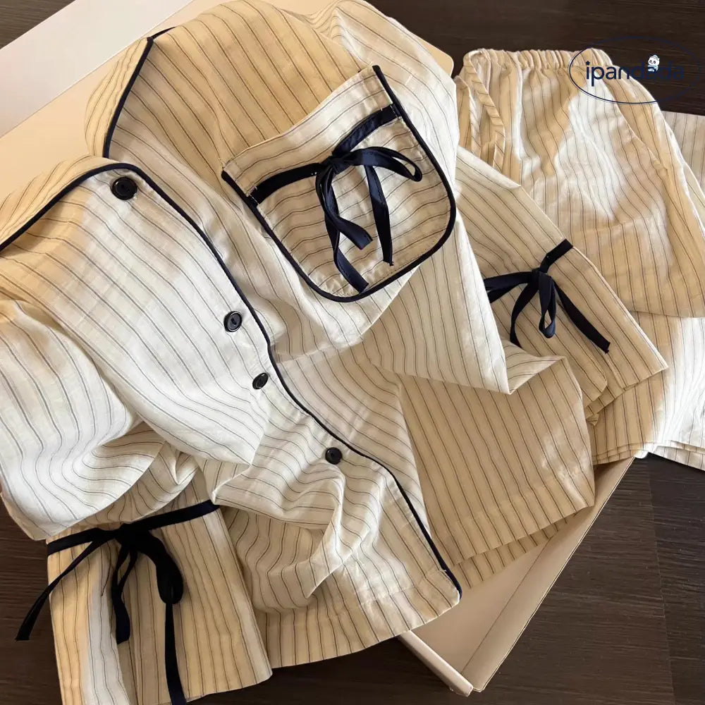 韓国風 シンプル ボーダー柄 長袖 パジャマ 春秋 コントラストカラー リボン付き カーディガン 長ズボン ルームウェア セットアップ ID4556 レディース＞セットアップ