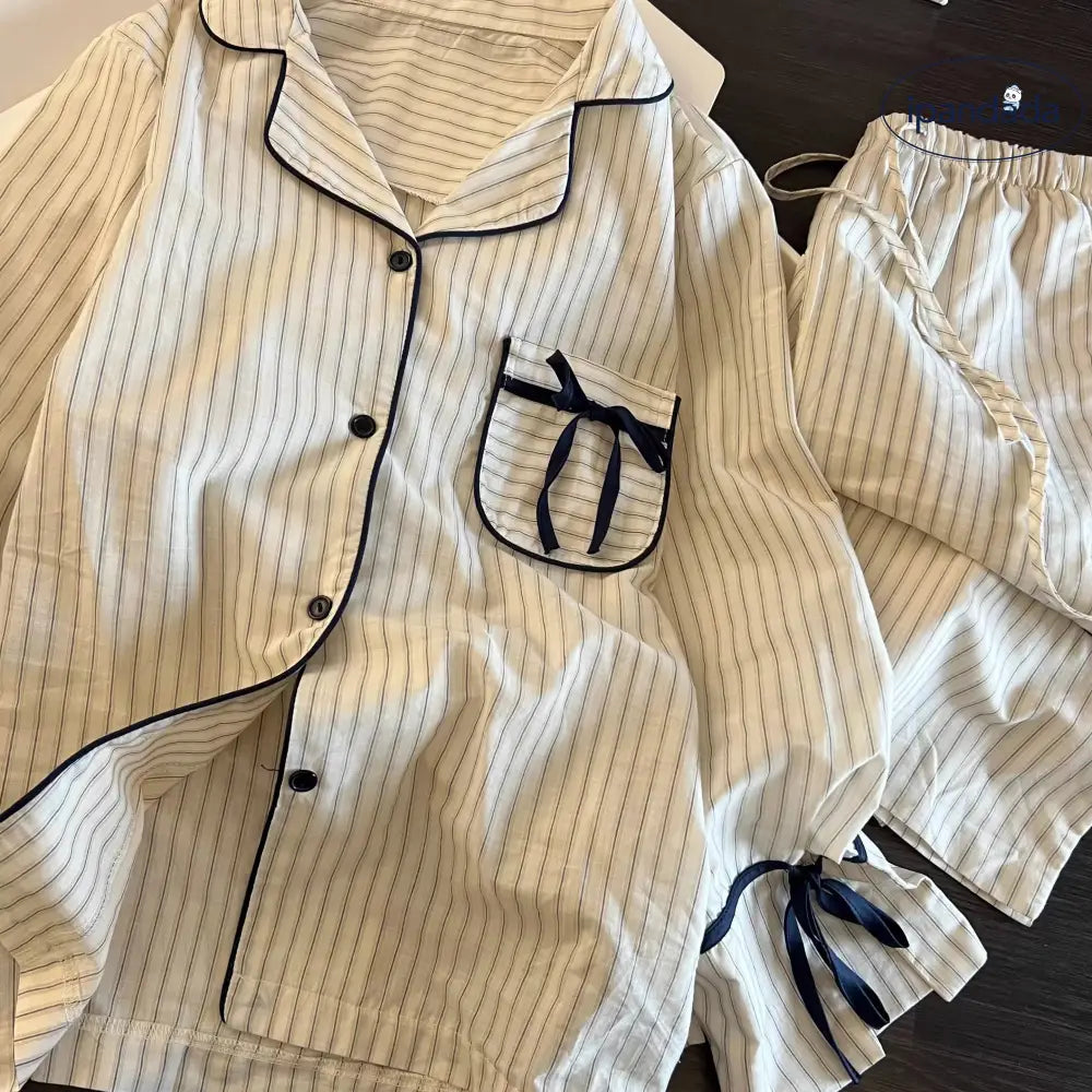 韓国風 シンプル ボーダー柄 長袖 パジャマ 春秋 コントラストカラー リボン付き カーディガン 長ズボン ルームウェア セットアップ ID4556 レディース＞セットアップ