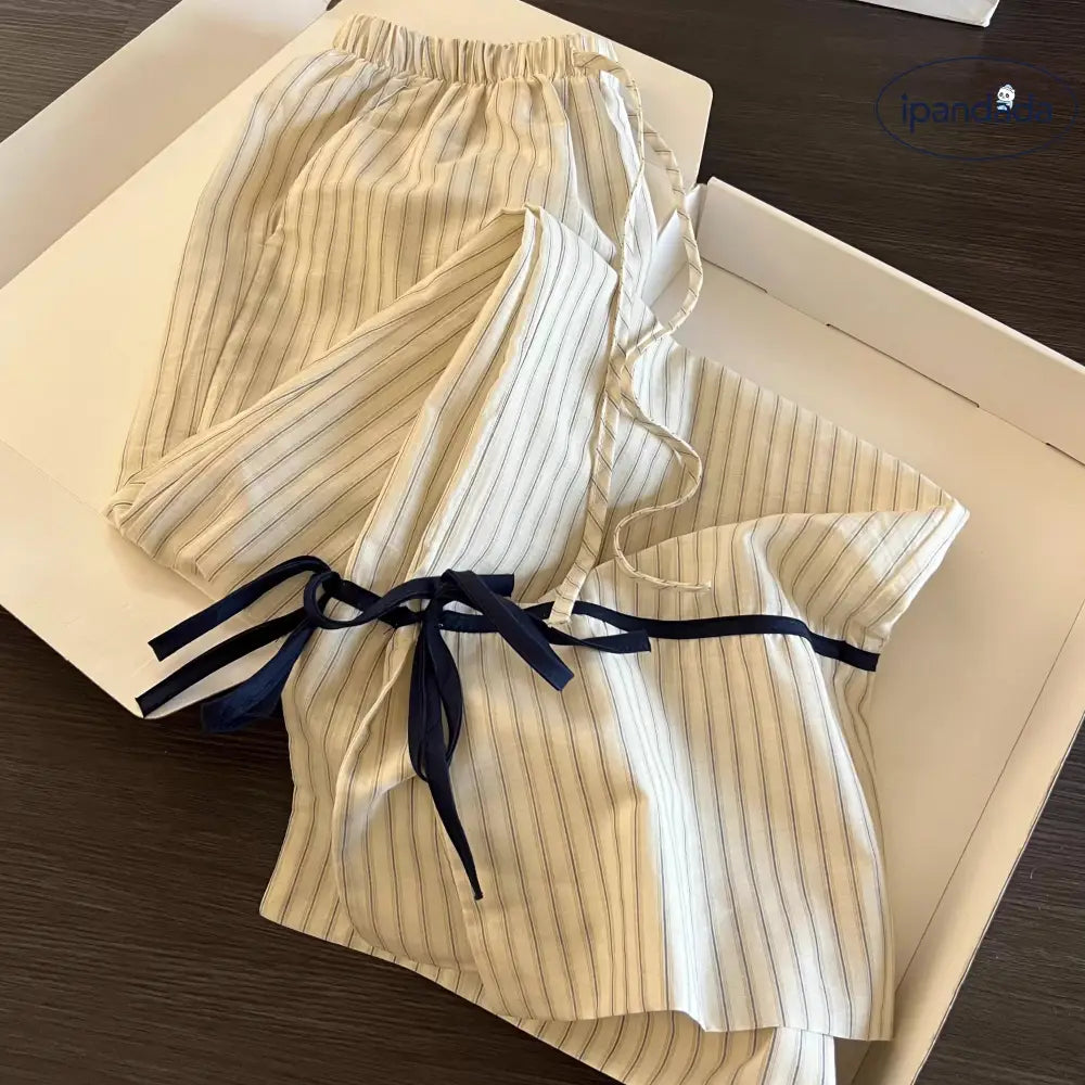 韓国風 シンプル ボーダー柄 長袖 パジャマ 春秋 コントラストカラー リボン付き カーディガン 長ズボン ルームウェア セットアップ ID4556 レディース＞セットアップ