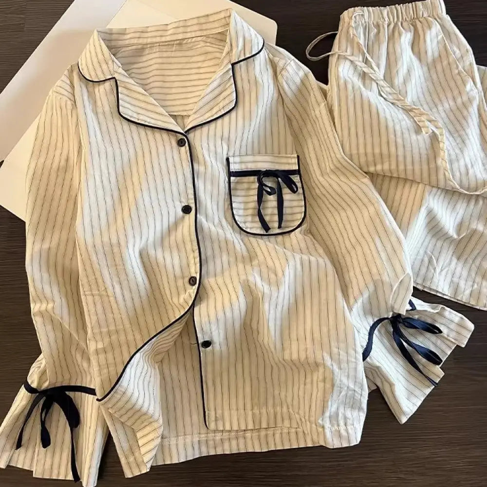 韓国風 シンプル ボーダー柄 長袖 パジャマ 春秋 コントラストカラー リボン付き カーディガン 長ズボン ルームウェア セットアップ ID4556 写真通り / S レディース＞セットアップ