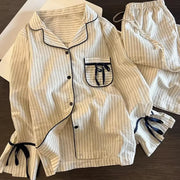 韓国風 シンプル ボーダー柄 長袖 パジャマ 春秋 コントラストカラー リボン付き カーディガン 長ズボン ルームウェア セットアップ ID4556 写真通り / S レディース＞セットアップ