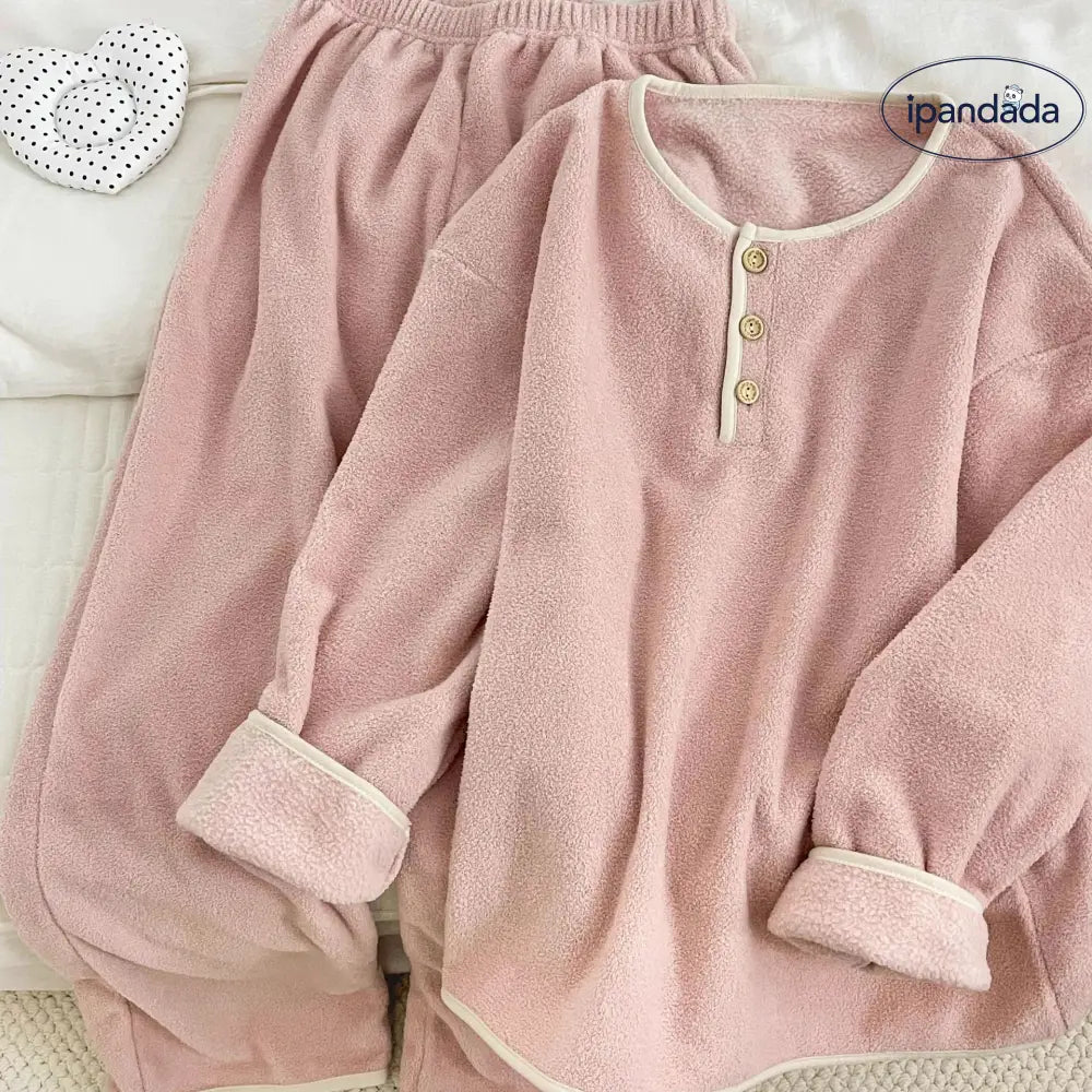 韓国風 シンプル セットアップ パジャマ レディース 秋冬 新作 長袖 長ズボン フリース 厚手 保温 ID3800