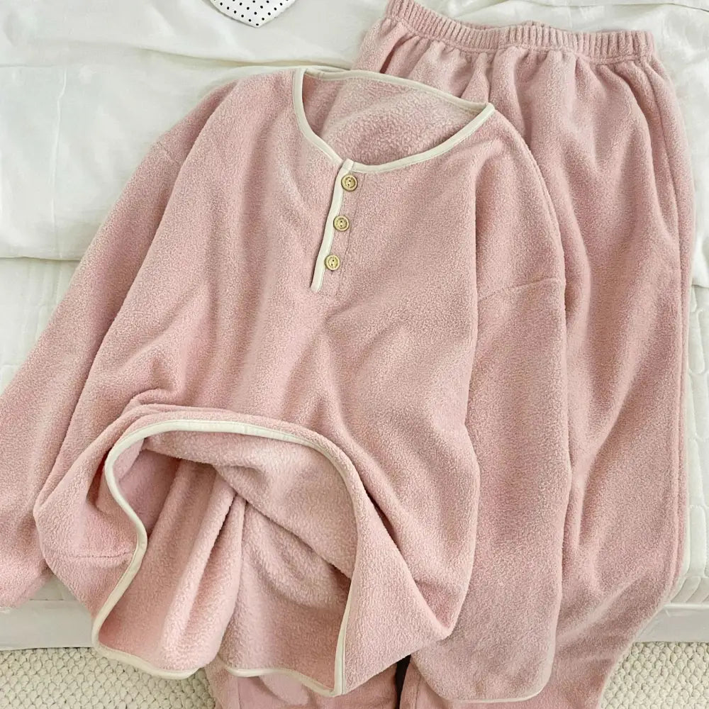 韓国風 シンプル セットアップ パジャマ レディース 秋冬 新作 長袖 長ズボン フリース 厚手 保温 ID3800 ピンク / S