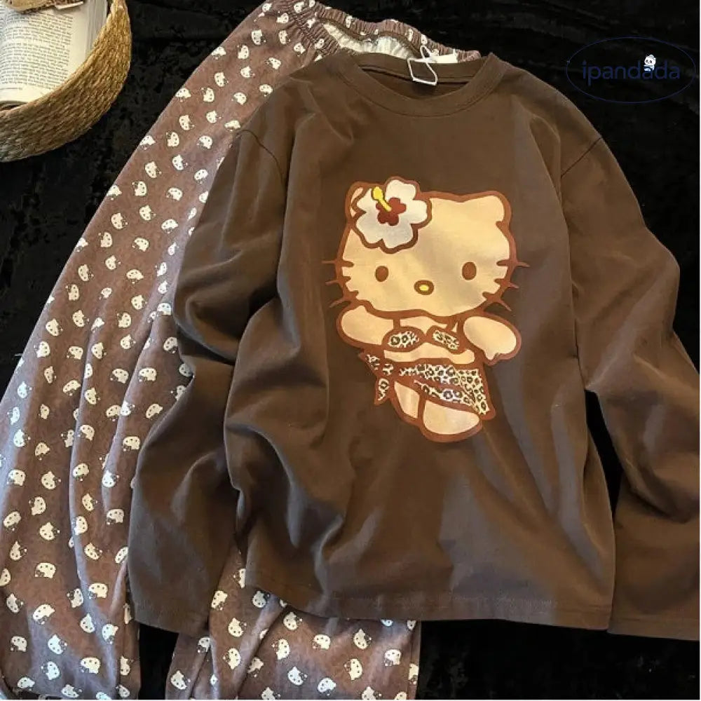 韓国風 スイート キティ猫 シンデレラフリース パジャマ レディース 長袖 部屋着 セット ID3496