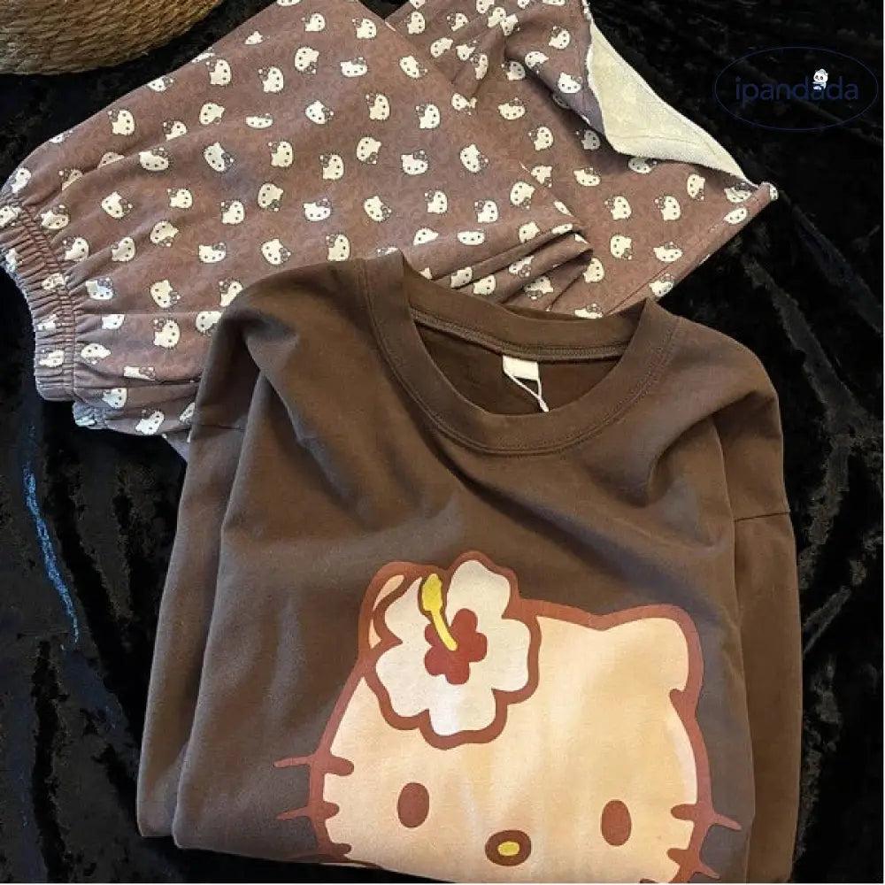 韓国風 スイート キティ猫 シンデレラフリース パジャマ レディース 長袖 部屋着 セット ID3496