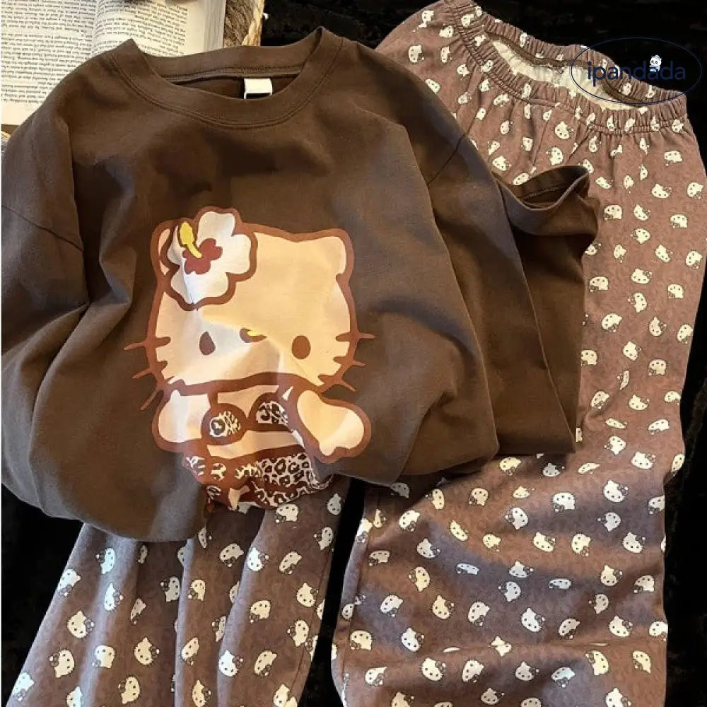 韓国風 スイート キティ猫 シンデレラフリース パジャマ レディース 長袖 部屋着 セット ID3496