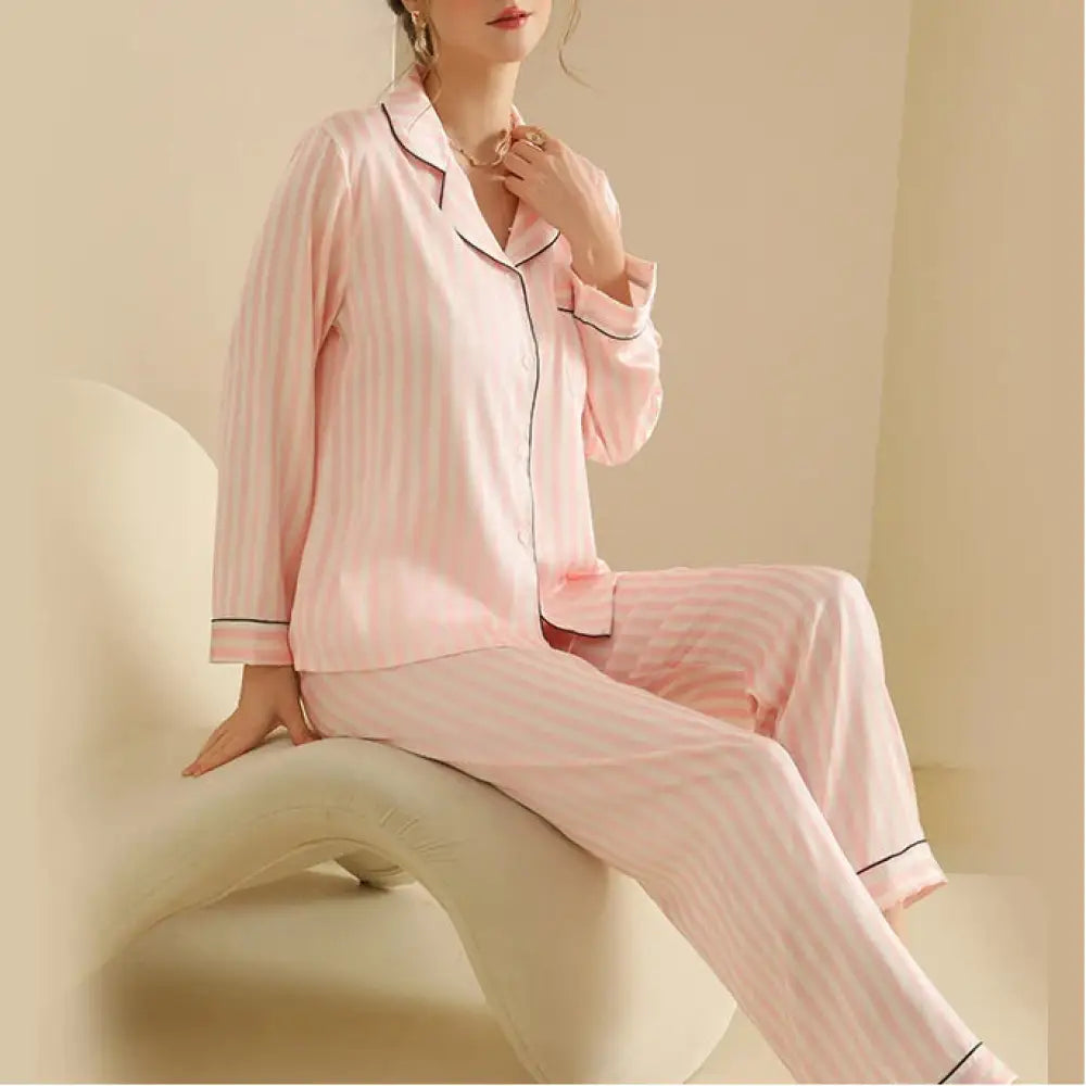 韓国風 ストライプ カーディガン パジャマ セット 長袖 薄手 ルームウェア 女子 部屋着 ゆったり 2点セット 春秋 ID4194 ピンク / S