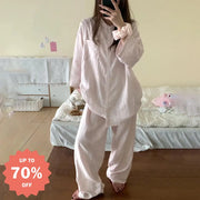 韓国風 ストライプ パジャマ レディース 長袖 セット 上品 カーディガン ホームウェア 外出可 春 秋 ゆったり 快適 吸汗 通気 ソフト 肌触り リラックス おしゃれ トレンド  着回し デイリー ID1967