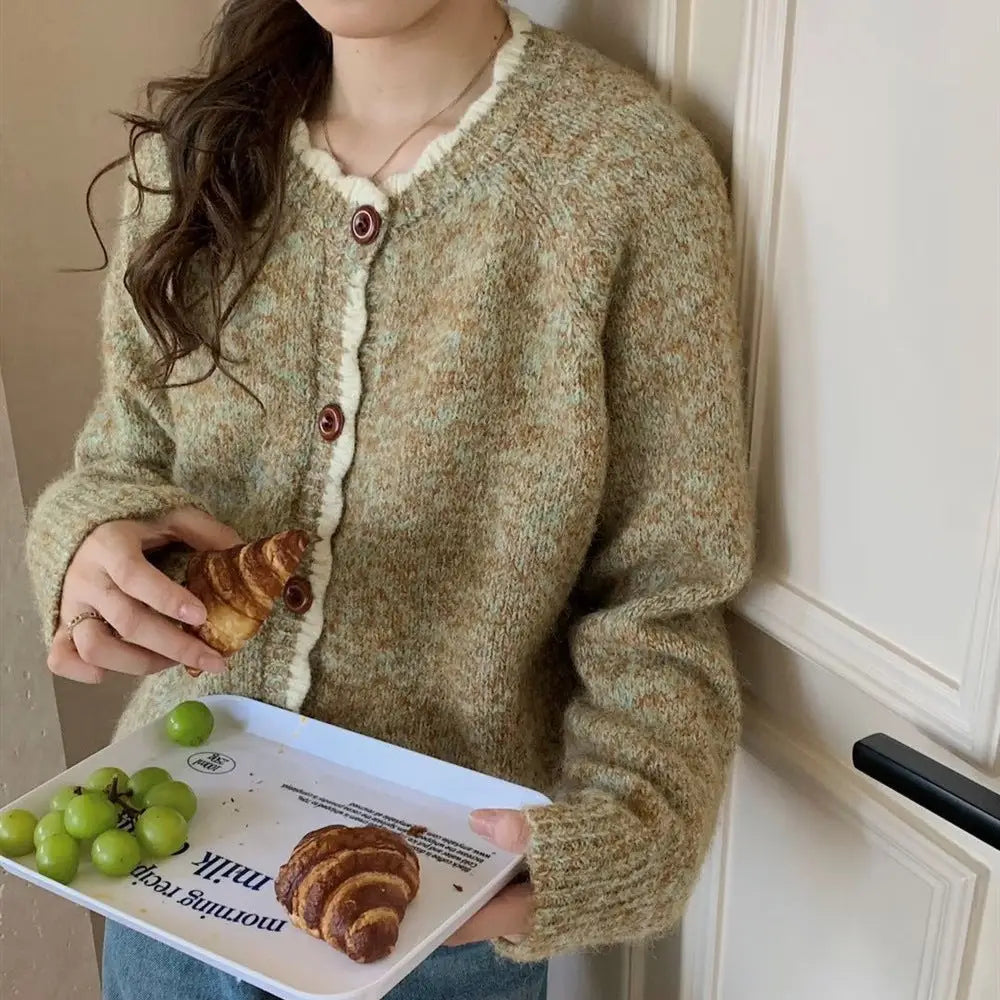 韓国風 ヴィンテージ カラーブロック フラワー メッシュ ニット カーディガン 秋冬 新作 ファッション バイカラー レース セーター トップス ID3212 グリーン / フリー