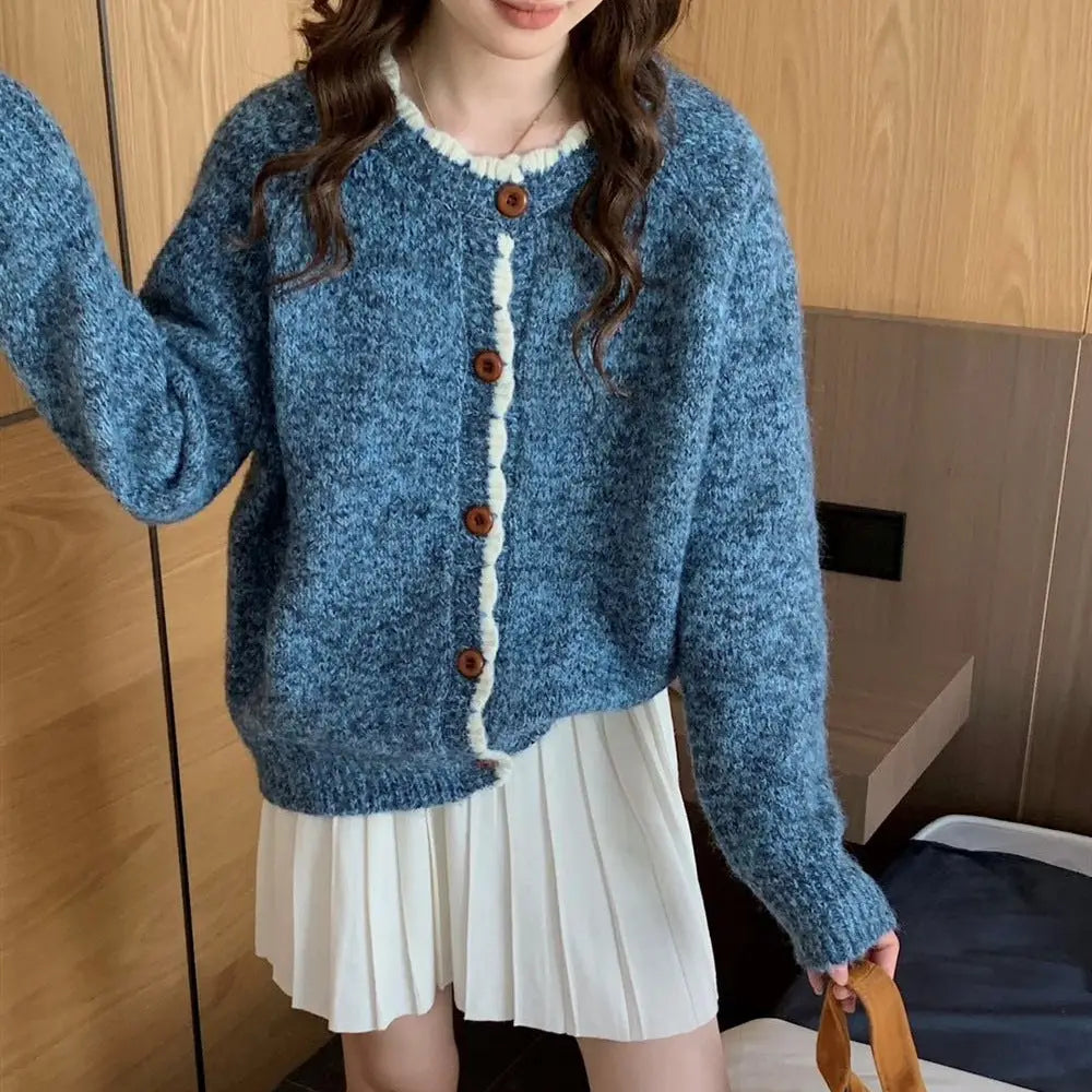 韓国風 ヴィンテージ カラーブロック フラワー メッシュ ニット カーディガン 秋冬 新作 ファッション バイカラー レース セーター トップス ID3212 ネイビー / フリー