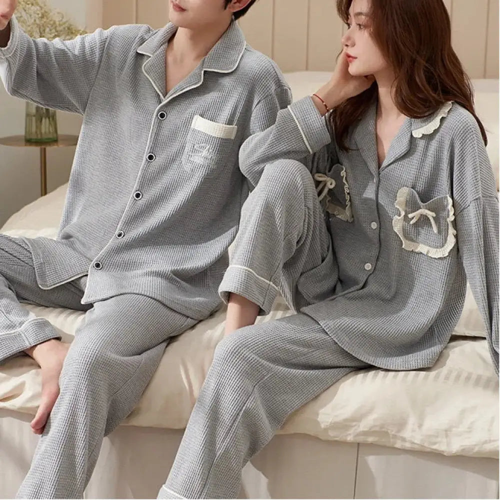 韓国風 ワッフル生地 カップル カーディガン パジャマ 春 セット 新作 長袖 部屋着 外出着にも 男女兼用 シンプル 可愛い くつろぎ 保温 軽暖 ID4097 タイプ① / レディースＭ コーディネート＞ペアルック