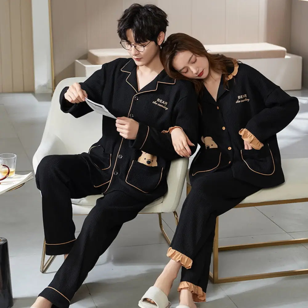 韓国風 ワッフル生地 カップル カーディガン パジャマ 春 セット 新作 長袖 部屋着 外出着にも 男女兼用 シンプル 可愛い くつろぎ 保温 軽暖 ID4097 タイプ⑦ / レディースＭ コーディネート＞ペアルック