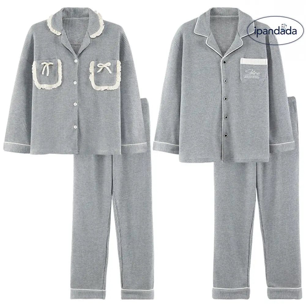 韓国風 ワッフル生地 カップル カーディガン パジャマ 春 セット 新作 長袖 部屋着 外出着にも 男女兼用 シンプル 可愛い くつろぎ 保温 軽暖 ID4097 コーディネート＞ペアルック