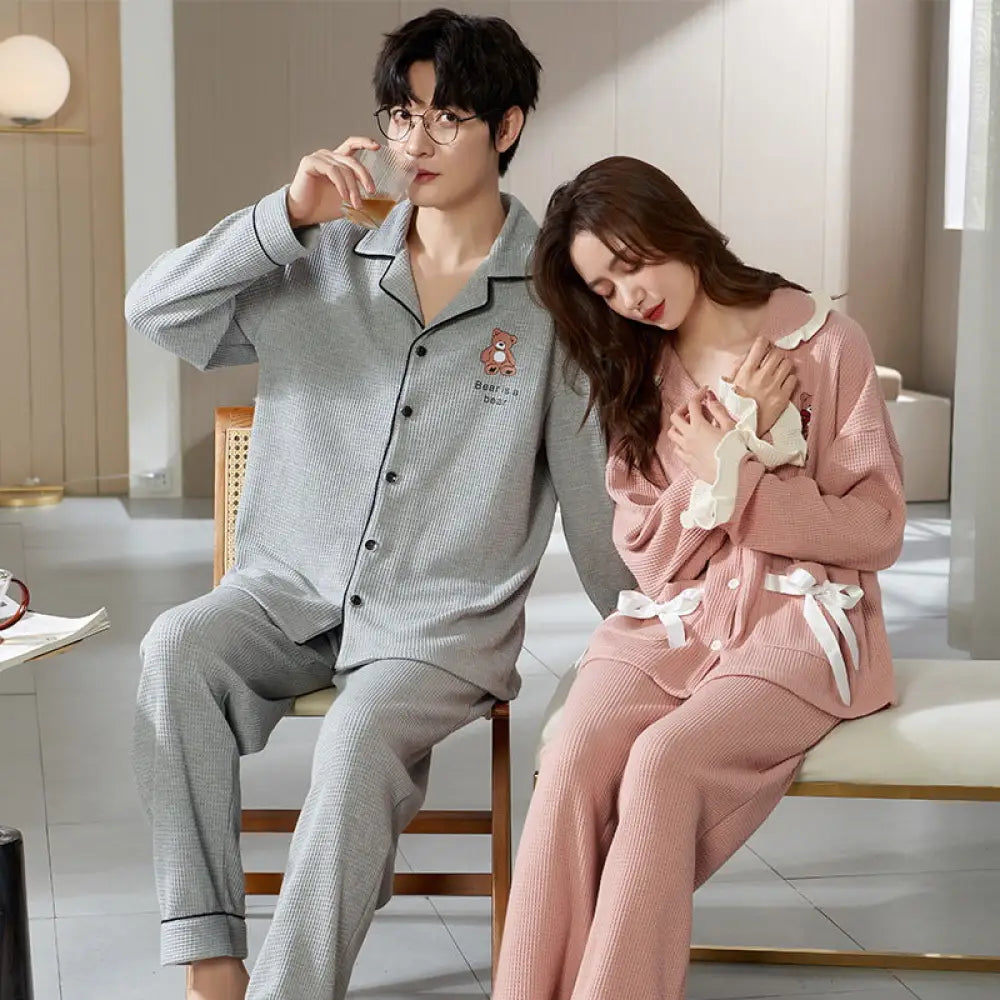 韓国風 ワッフル生地 カップル カーディガン パジャマ 春 セット 新作 長袖 部屋着 外出着にも 男女兼用 シンプル 可愛い くつろぎ 保温 軽暖 ID4097 タイプ⑥ / レディースＭ コーディネート＞ペアルック