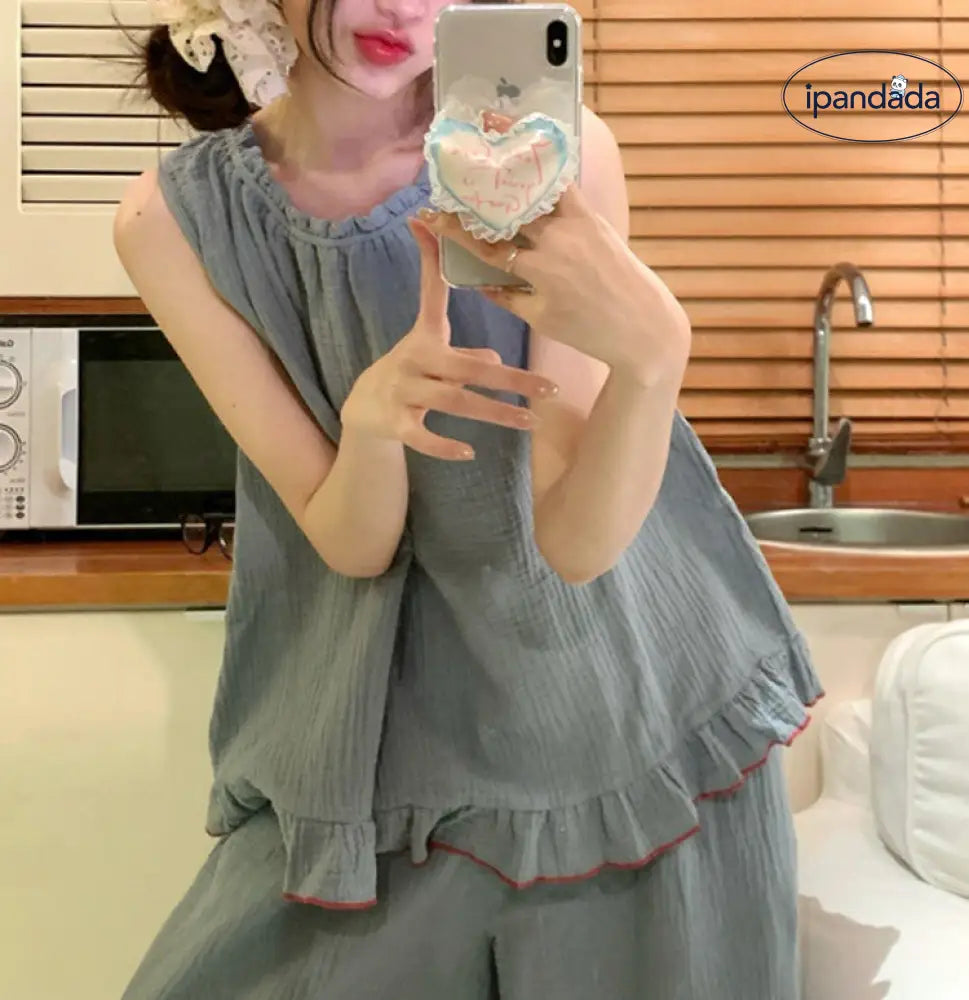 ID752 韓国 インスタ レディース 新作 韓国風 ブルー 快適 タンクトップ ロングパンツ ルームウェア パジャマ セット ブルー / フリー レディース＞セットアップ