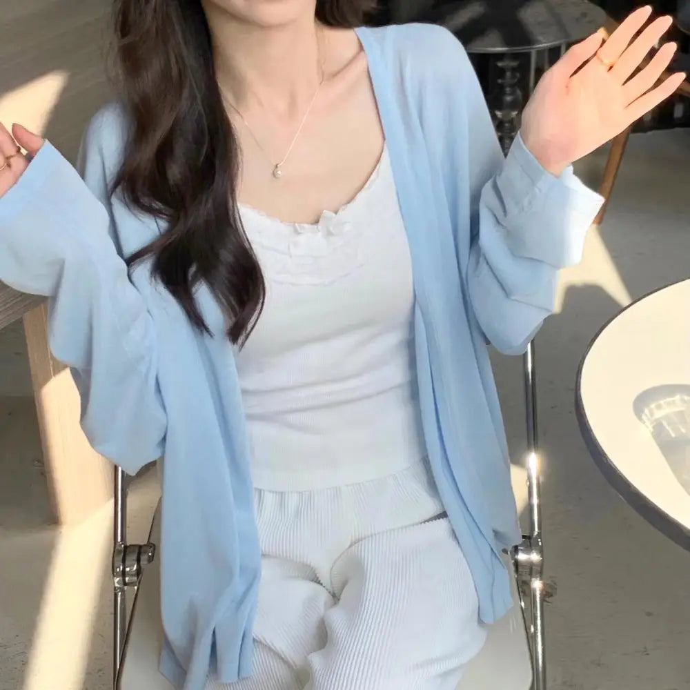 ID1553 韓国系 優しい ホワイト 日焼け防止 冰絲 カーディガン レディース 夏用 ゆったりした ニット Vネック どんなコーデにも合う エアコンカーディガン ブルー / S 外出着>アウター