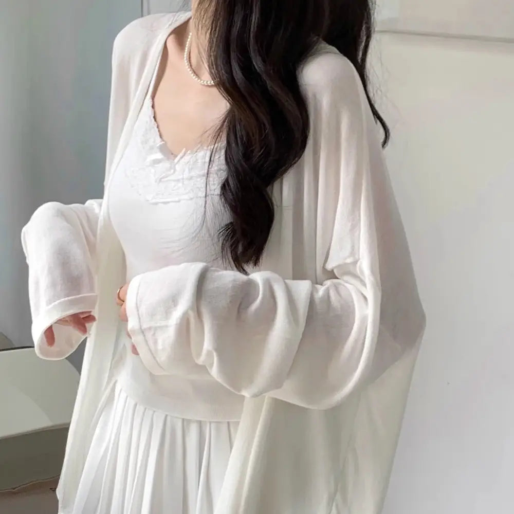 ID1553 韓国系 優しい ホワイト 日焼け防止 冰絲 カーディガン レディース 夏用 ゆったりした ニット Vネック どんなコーデにも合う エアコンカーディガン ホワイト / S 外出着>アウター