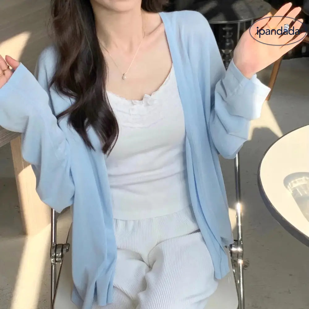 ID1553 韓国系 優しい ホワイト 日焼け防止 冰絲 カーディガン レディース 夏用 ゆったりした ニット Vネック どんなコーデにも合う エアコンカーディガン