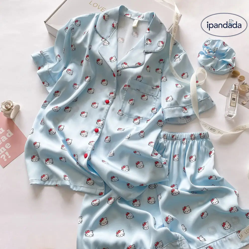 ハローキティ アイスシルク パジャマ レディース 夏 半袖 ショートパンツ セット 2点 猫 プリント 可愛い 甘い 少女 部屋着 ホームウェア 涼感 おしゃれ カジュアル ギフト プレゼント ID1891 写真通り（2点セット） / M