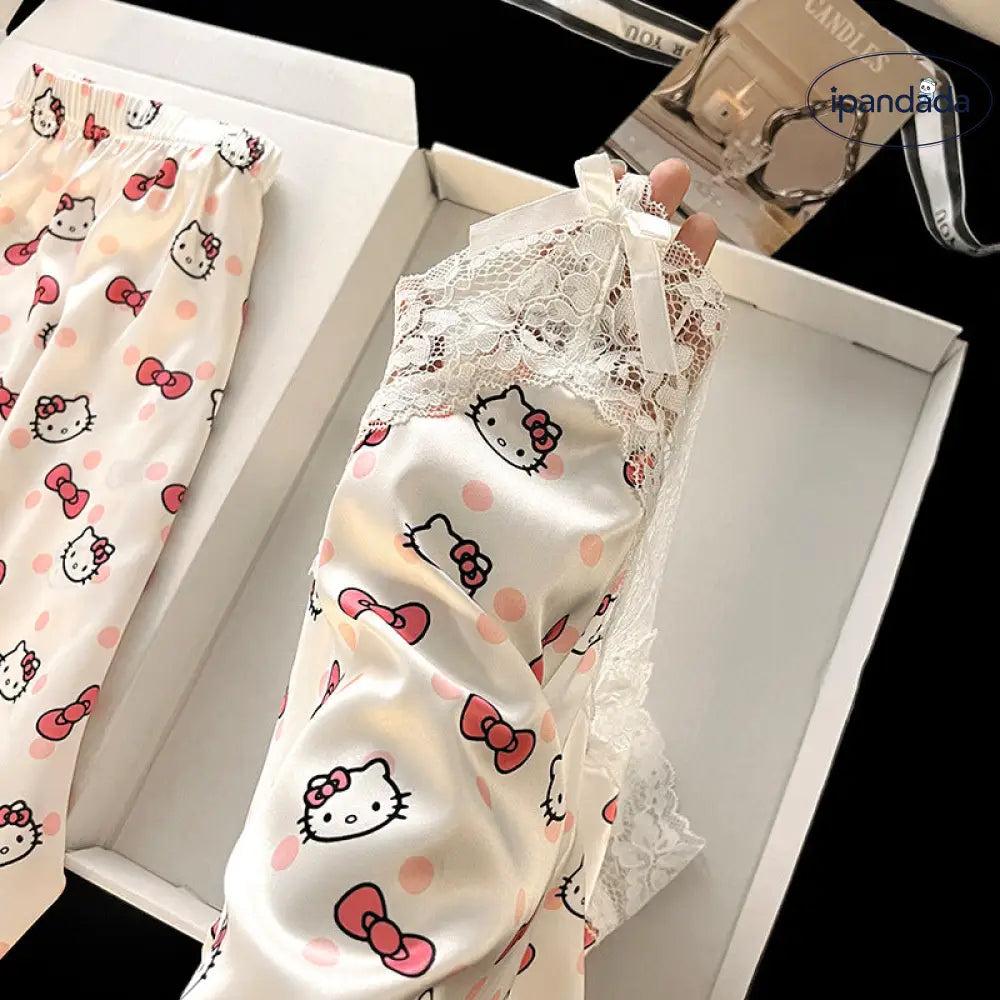 ID623 ハローキティ アイスシルク パジャマセット 夏 薄手 レースフリンジ トップ＆ショートパンツ ルームウェア ピュア＆セクシー レディース＞セットアップ