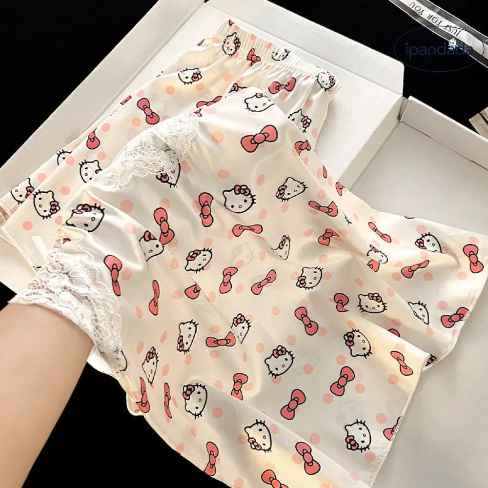 ID623 ハローキティ アイスシルク パジャマセット 夏 薄手 レースフリンジ トップ＆ショートパンツ ルームウェア ピュア＆セクシー レディース＞セットアップ