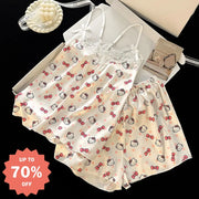 ID623 ハローキティ アイスシルク パジャマセット 夏 薄手 レースフリンジ トップ＆ショートパンツ ルームウェア ピュア＆セクシー 写真通り（2点セット） / M レディース＞セットアップ