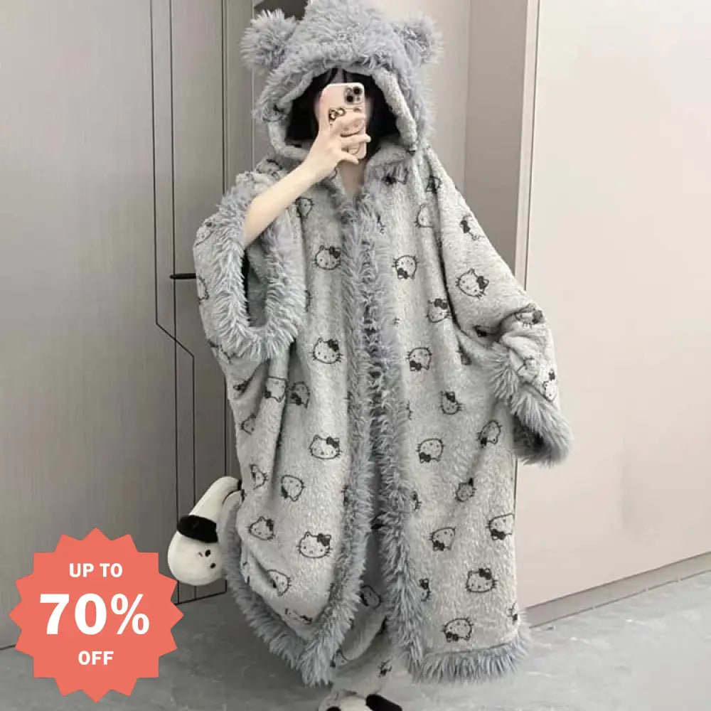 ハローキティ ガウン レディース 冬 ケープ 厚手 肌ざわり良好 フリース裏起毛 パジャマ ホームウェア セットアップ 珊瑚フリース 暖かい 柔らかい 保温 快適 おしゃれ ルームウェア リラックス 着心地 ID2661