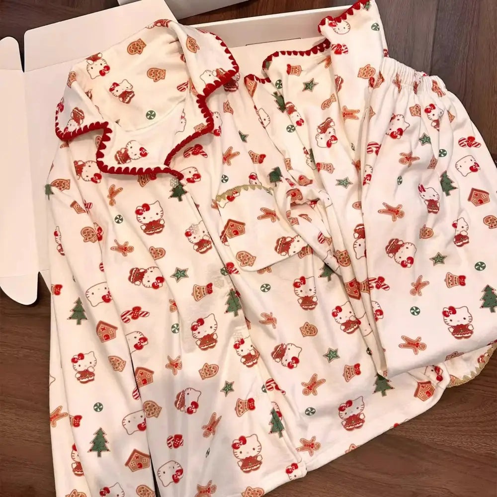 ハローキティ かわいい スウィート 長袖 デロン パジャマ レディース 春秋冬用 厚手 ルームウェア セットアップ ID3837 写真通り / M