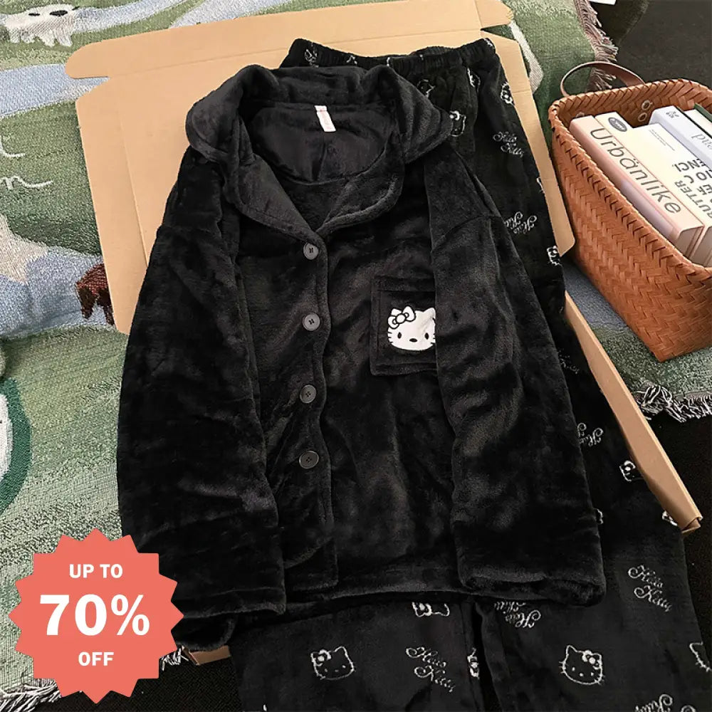 ハローキティ コーラルフリース パジャマ レディース 秋冬 厚手 保温 カートゥーン 可愛い ルームウェア 冬 クリスマス ギフト ID3234 ブラック / M レディース＞セットアップ