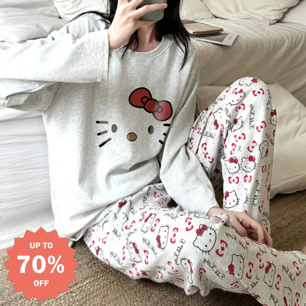 ハローキティ 綿100% パジャマ レディース 春 秋 長袖 かわいい ホームウェア 夏 外出可 快適 ゆったり 吸汗 通気性 おしゃれ 女性用 ルームウェア 薄手 軽やか 着心地 シンプル カジュアル ナチュラル プレーン リラックス ID2187