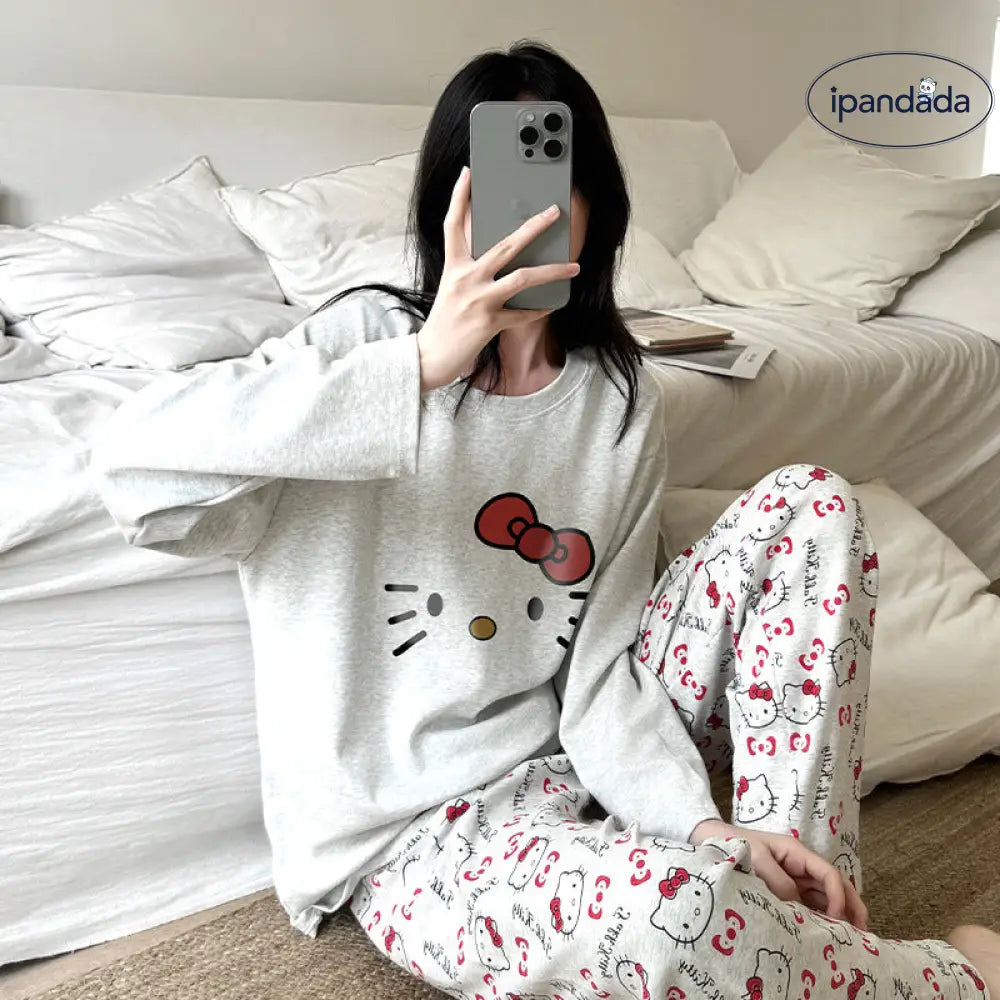 ハローキティ 綿100% パジャマ レディース 春 秋 長袖 かわいい ホームウェア 夏 外出可 快適 ゆったり 吸汗 通気性 おしゃれ 女性用 ルームウェア 薄手 軽やか 着心地 シンプル カジュアル ナチュラル プレーン リラックス ID2187