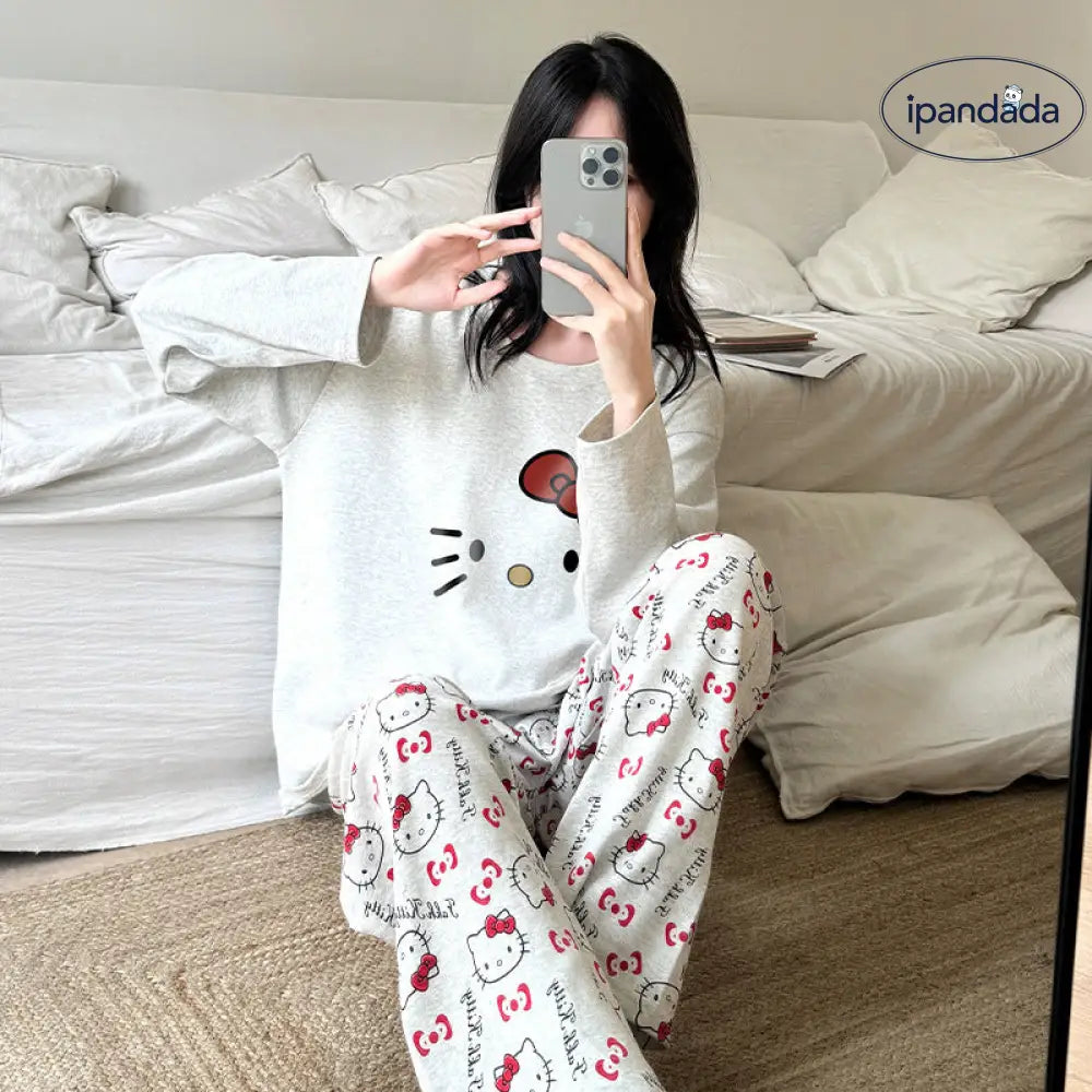 ハローキティ 綿100% パジャマ レディース 春 秋 長袖 かわいい ホームウェア 夏 外出可 快適 ゆったり 吸汗 通気性 おしゃれ 女性用 ルームウェア 薄手 軽やか 着心地 シンプル カジュアル ナチュラル プレーン リラックス ID2187
