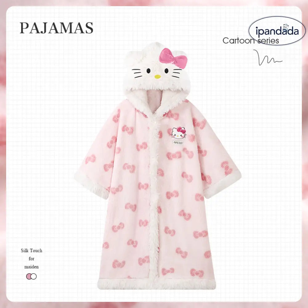 ハローキティ ミッキー フード付き サンゴフリース バスローブ 秋冬 厚手 レディース 女の子 ケープ パジャマ ルームウェア ID2889