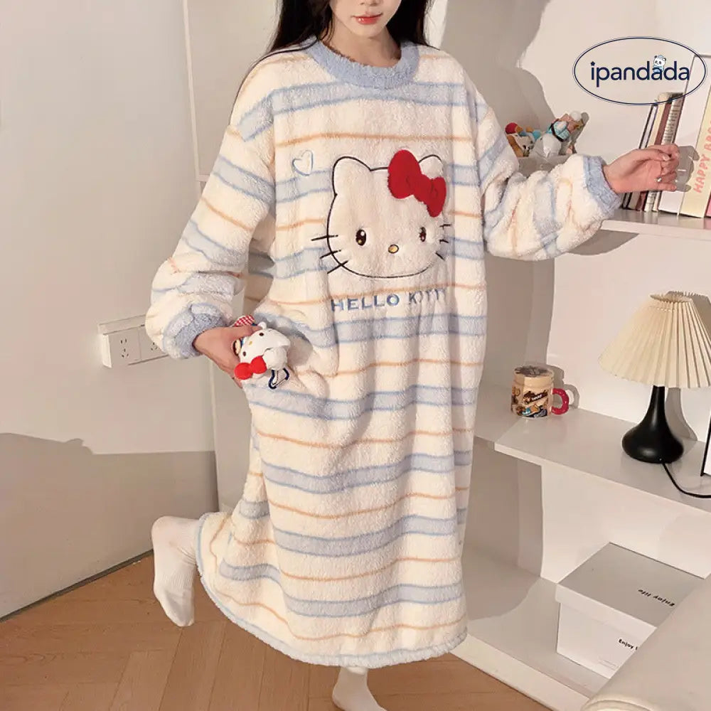 ハローキティ ネグリジェ レディース 秋冬 珊瑚フリース フリース裏起毛 厚手 保温 かわいい キャラクター ロング ホームウェア 暖かい 柔らかい 快適 おしゃれ ルームウェア 自宅用 リラックス 着心地 ナチュラル ID2666