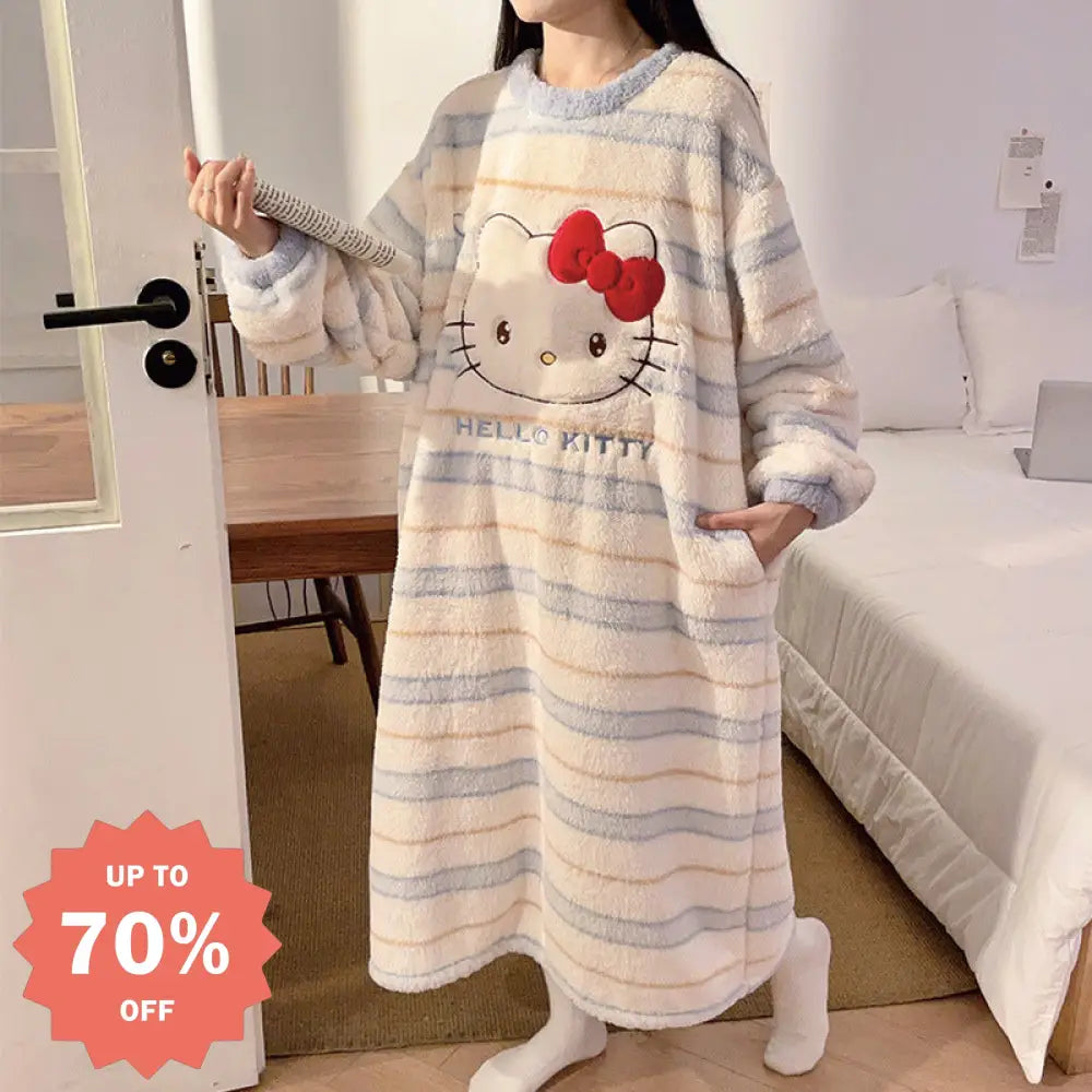 ハローキティ ネグリジェ レディース 秋冬 珊瑚フリース フリース裏起毛 厚手 保温 かわいい キャラクター ロング ホームウェア 暖かい 柔らかい 快適 おしゃれ ルームウェア 自宅用 リラックス 着心地 ナチュラル ID2666
