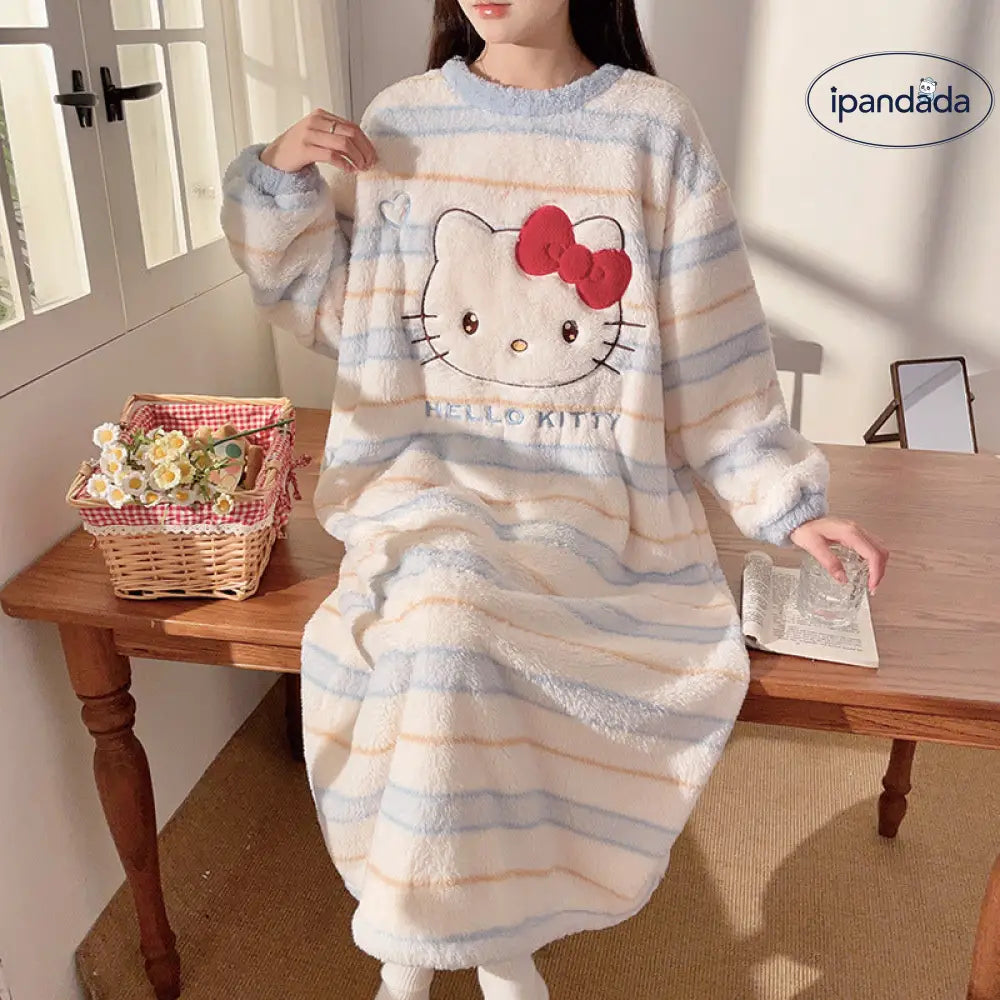 ハローキティ ネグリジェ レディース 秋冬 珊瑚フリース フリース裏起毛 厚手 保温 かわいい キャラクター ロング ホームウェア 暖かい 柔らかい 快適 おしゃれ ルームウェア 自宅用 リラックス 着心地 ナチュラル ID2666