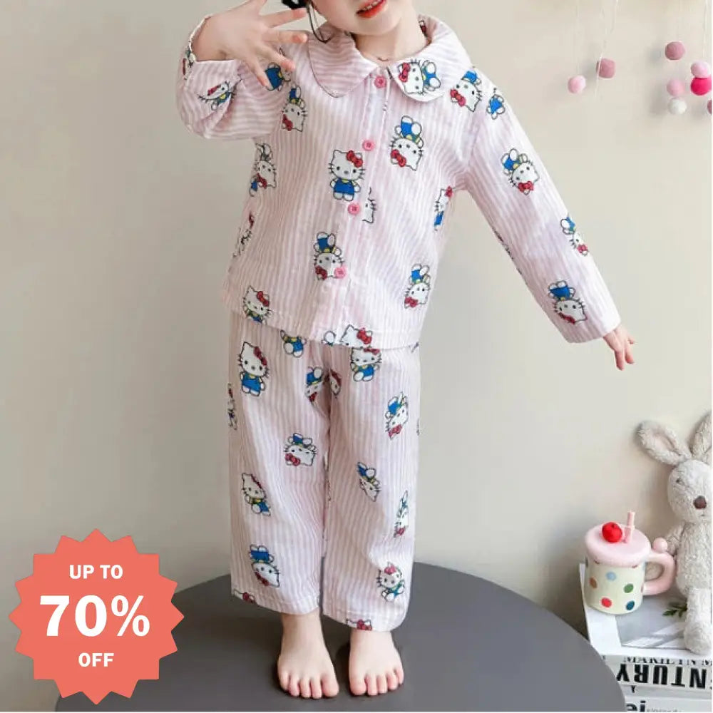 ハローキティ パジャマ 女の子 春 ガーゼ ボーダー柄 ストライプ かわいい キャラクター 長袖 前開き カーディガンタイプ 子供 キッズ ルームウェア 部屋着 セットアップ おしゃれ 着回し 便利 入園準備 ギフト ID4240 ピンク
