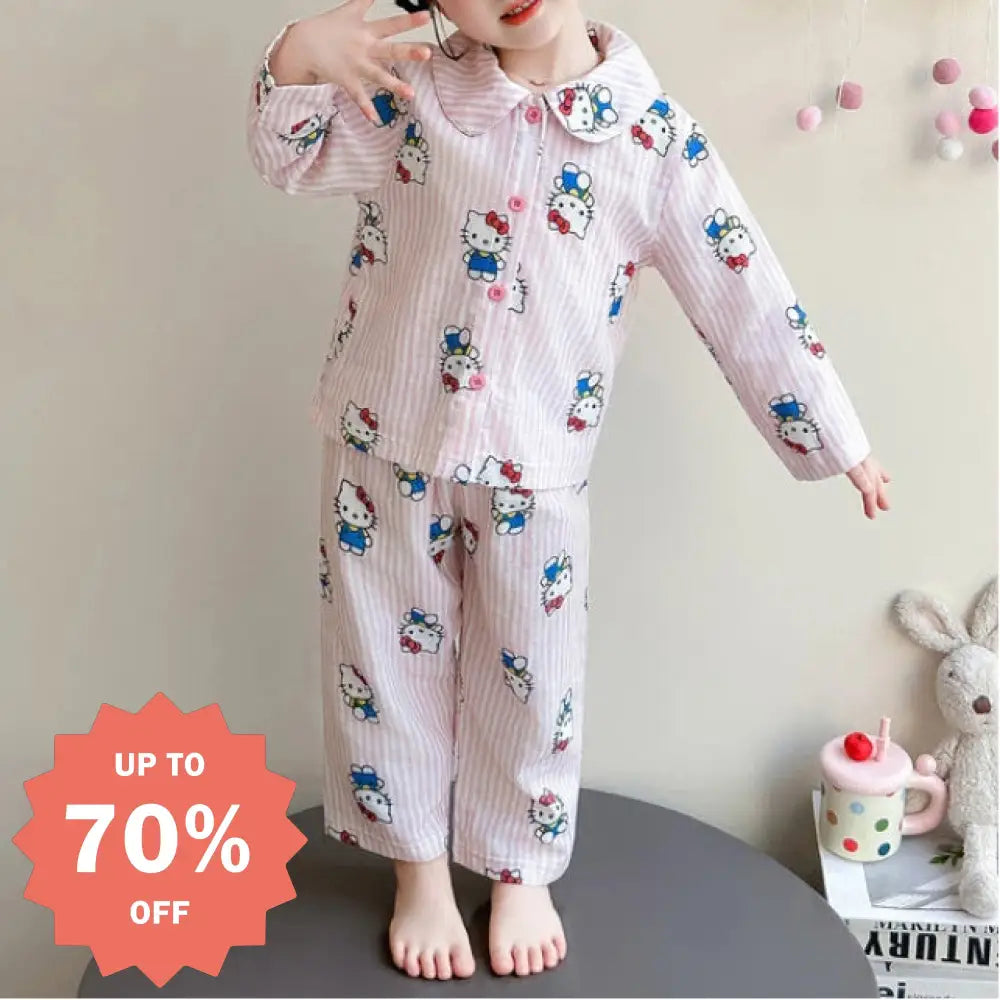 ハローキティ パジャマ 女の子 春 ガーゼ ボーダー柄 ストライプ かわいい キャラクター 長袖 前開き カーディガンタイプ 子供 キッズ ルームウェア 部屋着 セットアップ おしゃれ 着回し 便利 入園準備 ギフト ID4240 ピンク