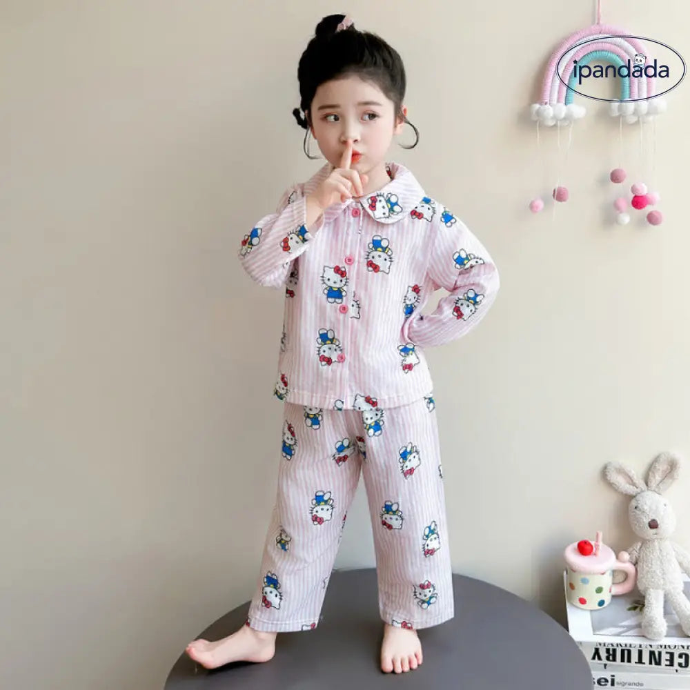 ハローキティ パジャマ 女の子 春 ガーゼ ボーダー柄 ストライプ かわいい キャラクター 長袖 前開き カーディガンタイプ 子供 キッズ ルームウェア 部屋着 セットアップ おしゃれ 着回し 便利 入園準備 ギフト ID4240